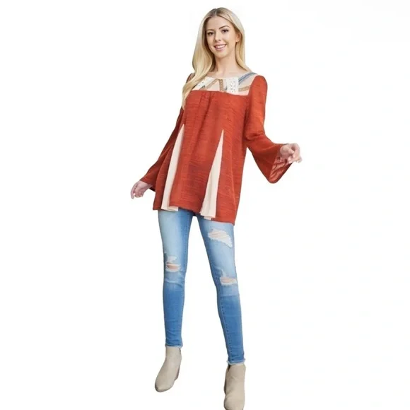 Ryu M/L Boho Sweater Bell Sleeve Cottagecore Hippie Mixed Media Artsy Rust Orang - Picture 15 of 15